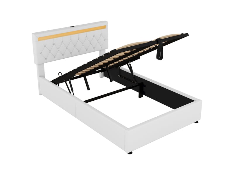  Lit coffre 140x200cm, lit double avec led, tête de lit réglable et sommier, rangement, charge, lin blanc, sans matelas  - Conforama R