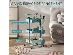 Chariot à 3 niveaux desserte avec 4 crochets et 3 boîtes suspendues amovibles pour 42 x 38 x 86,5 cm vertbleu-
