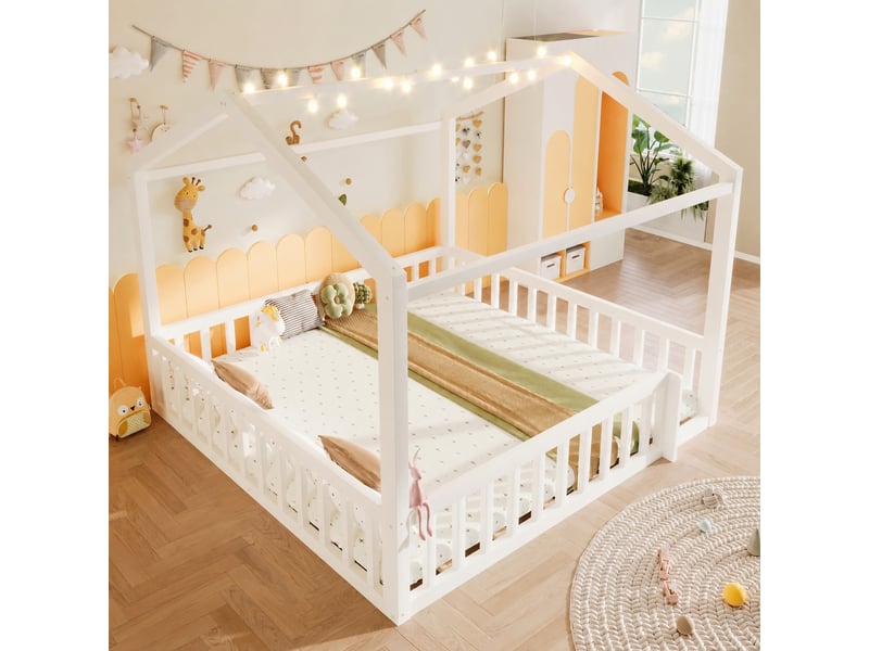  Lit cabane enfant 90x190 cm avec barrières et led, convertible en 180x190 cm, blanc et naturel  - Conforama B