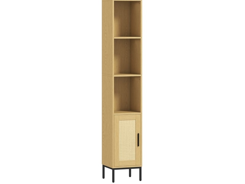  Meuble de salle de bain haut 30 x 30 cm en bois clair, 3 niches et porte effet résine tressée, style boho  - Conforama A