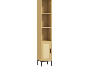Meuble de salle de bain haut 30 x 30 cm en bois clair, 3 niches et porte effet résine tressée, style boho