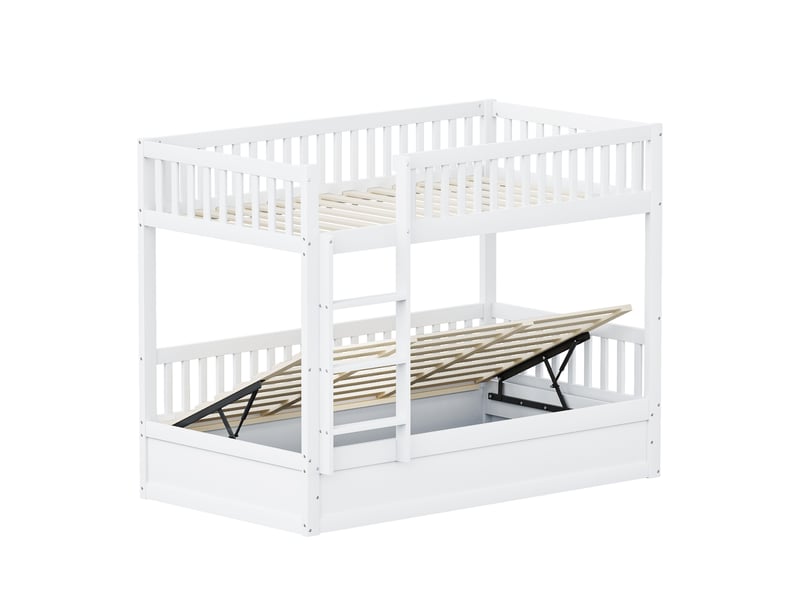  Lit superposé enfant 90 x 200 cm en bois massif, système de rangement hydraulique, blanc, lit simple de rangement avec escalier  - Conforama R