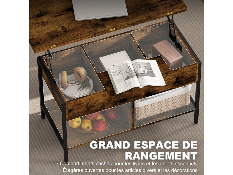  Table basse relevable et extensible, table de salon avec compartiment caché étagères ouvertes, brun rustique, 98x49x55cm  - Conforama E