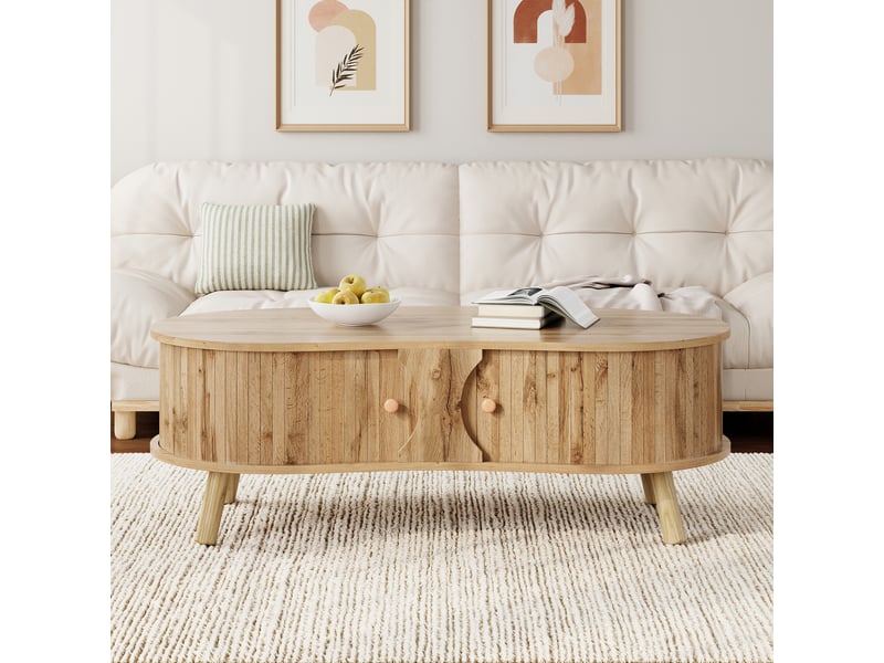 Table basse forme haricot 108x50x37 cm - 2 portes coulissantes - rangement intrieur - pieds bois massif - structure mdf - bois naturel Bubbly Shop - Conforama B