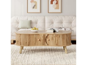 Table basse forme haricot 108x50x37 cm - 2 portes coulissantes - rangement intrieur - pieds bois massif - structure mdf - bois naturel