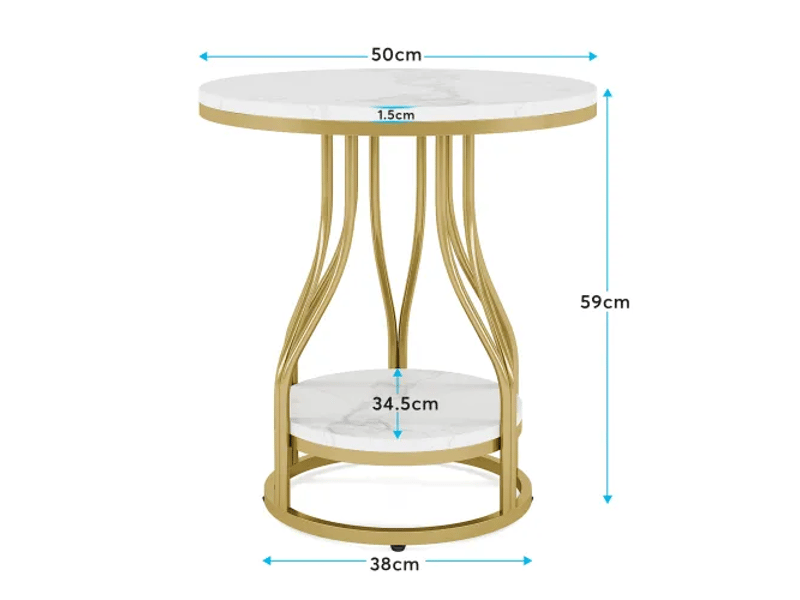  Table d'appoint ronde, 50x50x60 cm, 2 niveaux avec rangement, mdf, marbre blanc doré  - Conforama C