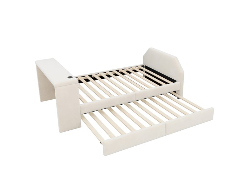 Lit pour enfant rembourré 90x200 cm – avec port de charge usb – avec lit gigogne – velours – beige (matelas non inclus) - Conforama W