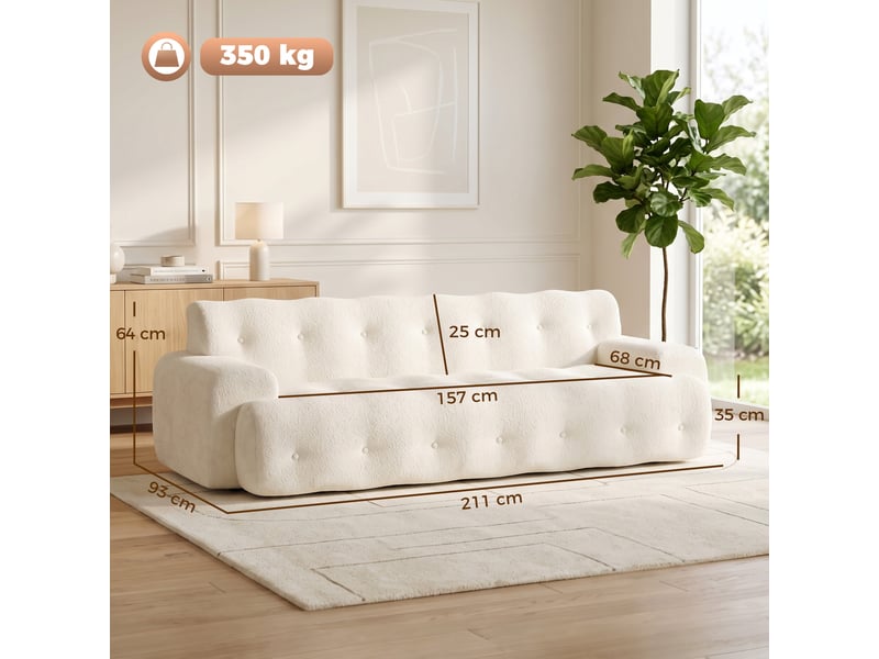  Canapé 3 places en chenille 211 cm, canapé salon, assise profonde, entièrement compressé sans montage, crème  - Conforama C