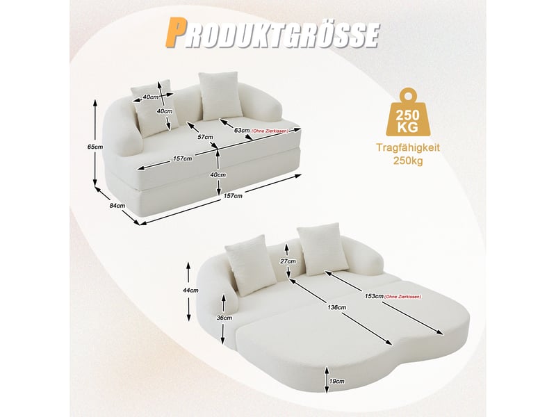  Canapé convertible 2 places – tissu chenille – modèle pliable avec coussins – beige  - Conforama C