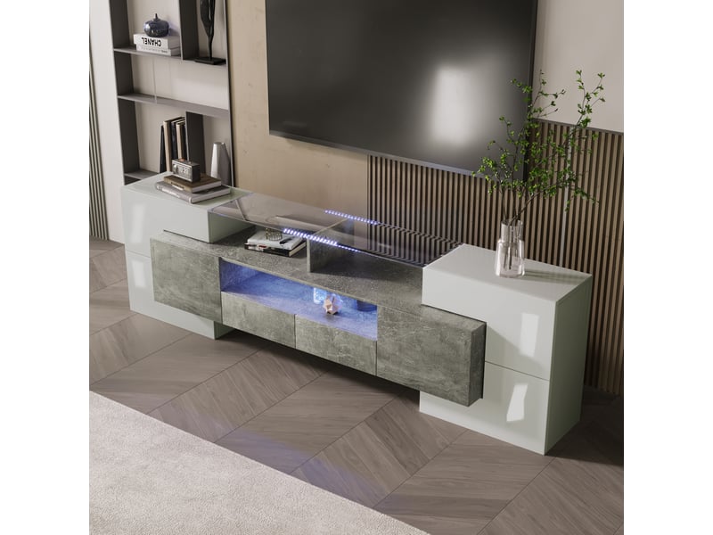  Meuble tv avec 6 portes, 2 tiroirs, 3 niches et led pour salon en mdf 200×35×60 cm blanc brillant et gris  - Conforama C