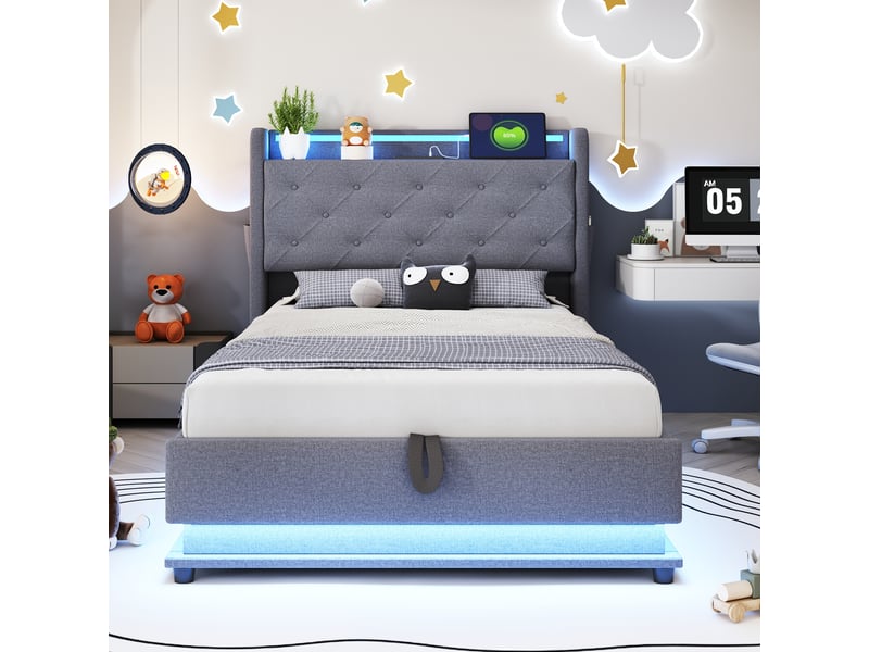  Lit coffre simple 90x200 cm - led multicolore et rangement intégré avec poche pour téléphone, tissu lin gris, sans matelas  - Conforama E
