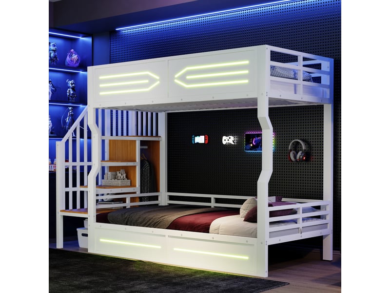 Modenvie lit mezzanine 90x200 cm - avec rangement intégré et éclairage led - pour chambre d'adolescent - blanc - Conforama E