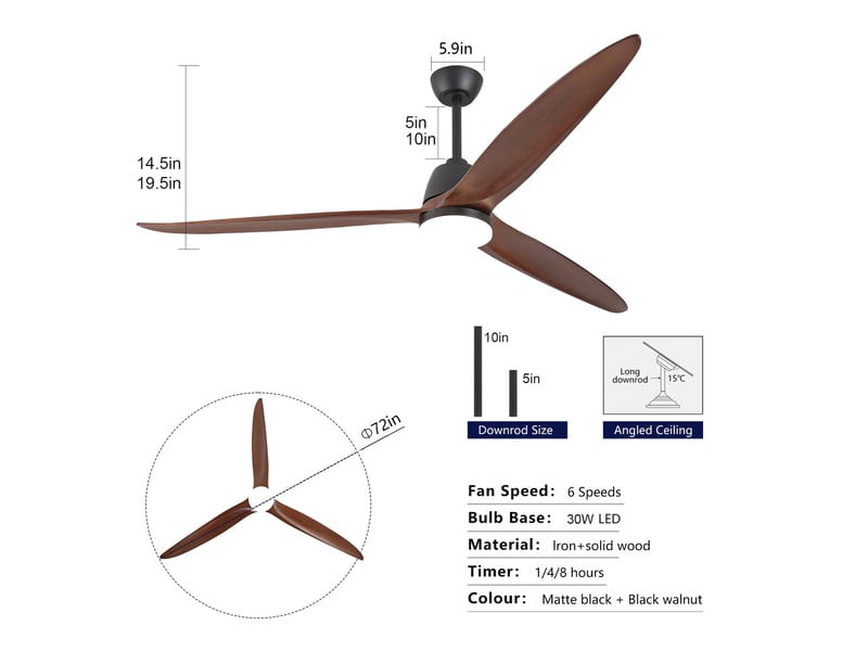  Ventilateur de plafond 72 pouces, éclairage led 3 tons, structure bois et métal, moteur dc réversible, 6 vitesses, couleur noir noyer  - Conforama C