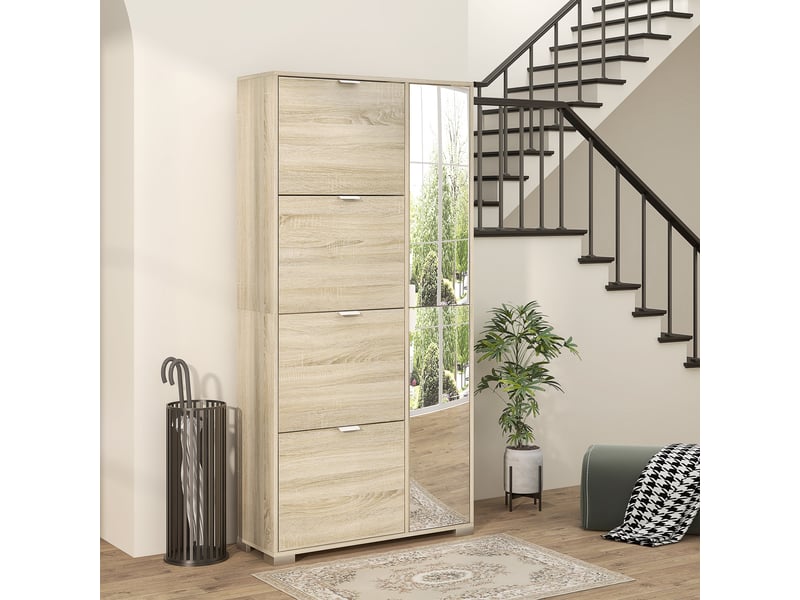  Meuble à chaussures avec miroir effet chêne, 4 tiroirs rabattables, 2 placards, 16 paires  - Conforama D