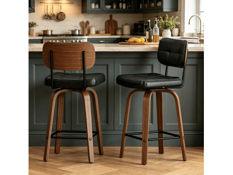  Tabouret de bar pivotant avec dossier ergonomique et assise en pu, bois foncé et noir  - Conforama C