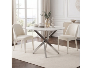Table à manger ronde 80 cm blanc et argent, mdf et métal, design moderne gain de place pour salle à manger