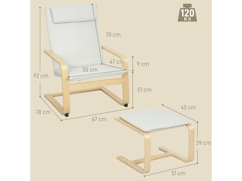  Fauteuil avec repose-pieds, fauteuil de lecture à dossier haut, appui-tête amovible, pieds en bois et revêtement en lin crème  - Conforama E