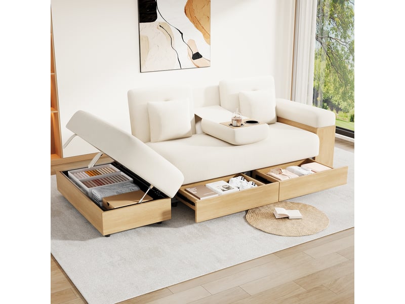  Canapé convertible, canapé-lit, en tissu chenille, beige, porte-gobelets, dossier réglable 3 positions, 217 cm, avec pouf  - Conforama C