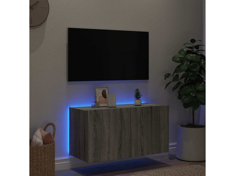  Meuble tv - banc tv - meuble de rangement mural avec lumières led sonoma gris 80x35x41 cm  - Conforama D