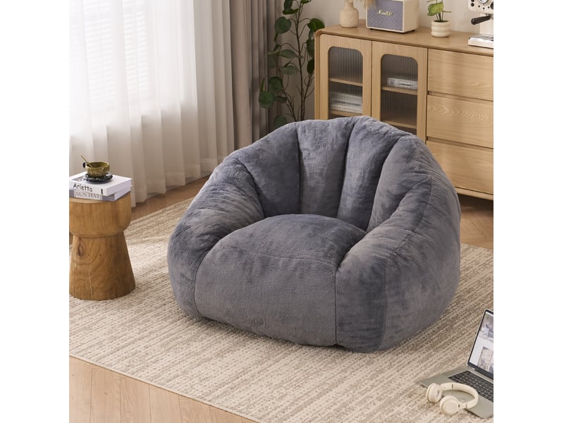  Fauteuil poire modenvie en fausse fourrure, mousse haute densité, gris clair, 111 x 123 x 75 cm  - Conforama B