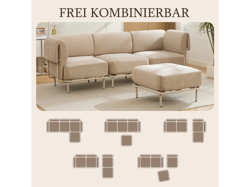 Canapé d'angle modulable 3 places en tissu chenille marron, avec pouf, 251×155×78 cm, design nordique - Conforama D