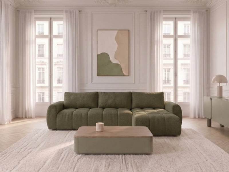 Bobochic canapé d'angle réversible convertible coffre fuji ouverture express tissu chiné vert réversible FUJI - Conforama B