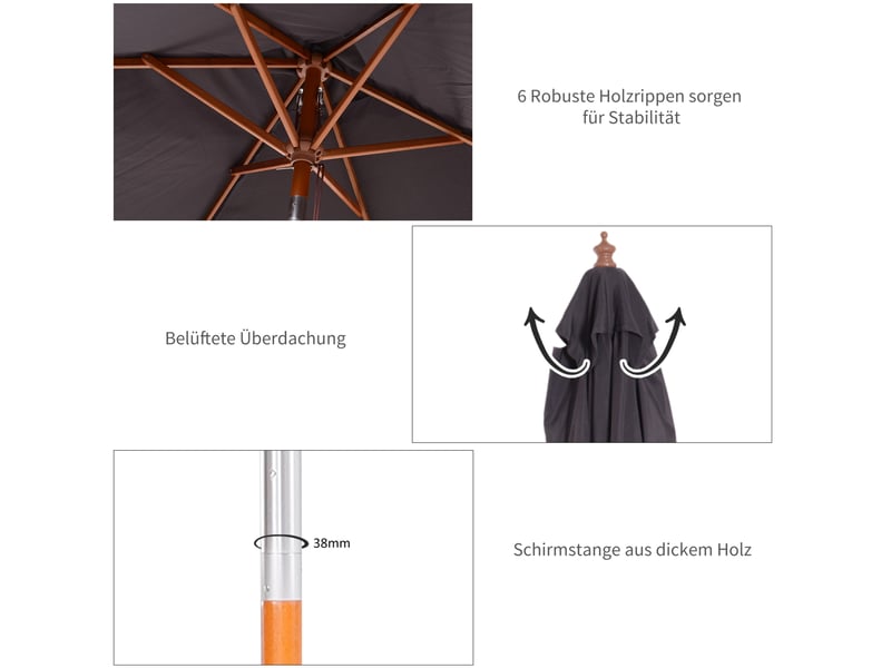  Parasol de jardin inclinable en polyester avec mât en bois de sapin, 3 positions, gris foncé, 200 x 150 x 235 cm  - Conforama E