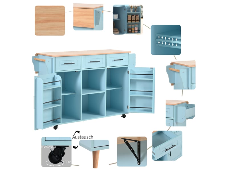 Desserte de cuisine bleue 139 × 4671 × 91,5 cm en mdf, plateau aspect bois rabattable, rangements, roulettes et pieds bois - Conforama D
