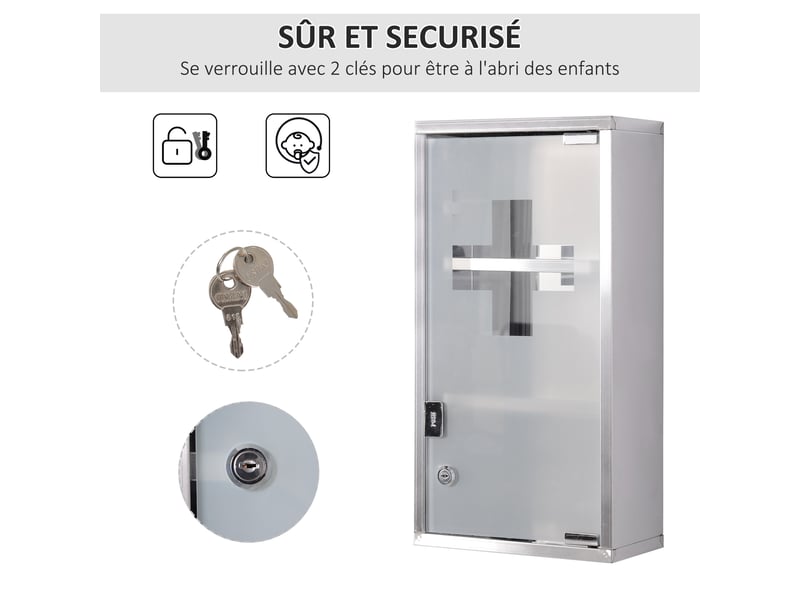  Armoire à pharmacie 2 étagères 3 niveaux verrouillable porte verre dépoli trempé logo croix 25l x 12l x 48h cm acier inox  - Conforama E