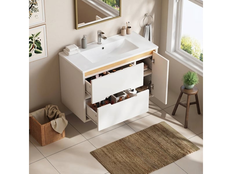 Meuble salle de bain suspendu 81 cm blanc avec vasque en céramique et éclairage led - Conforama D