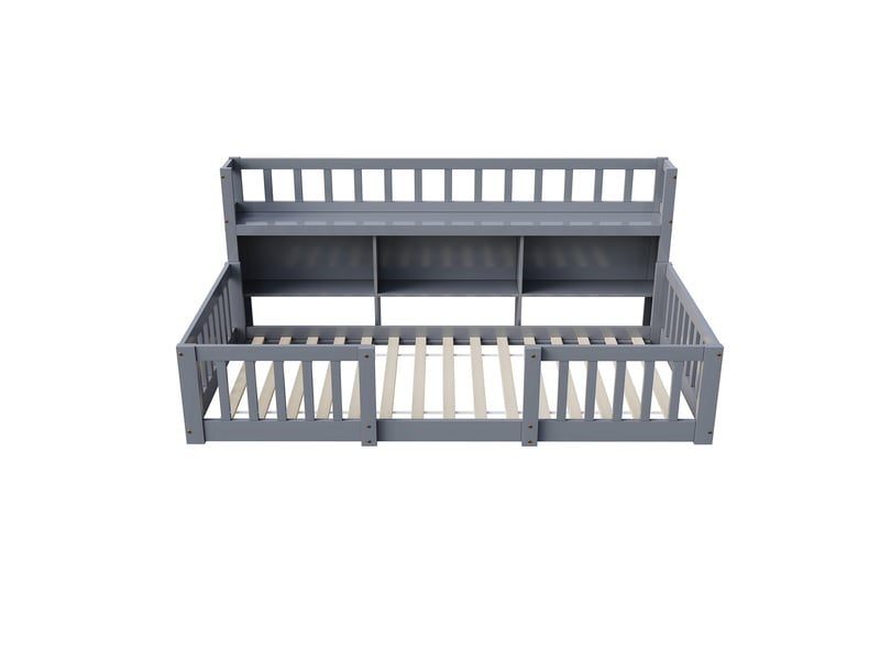  Lit enfant au sol 90x200(90x190) cm, lit simple avec bibliothèque et barrière, lit  montessori, bois, style scandinave moderne, gris  - Conforama A
