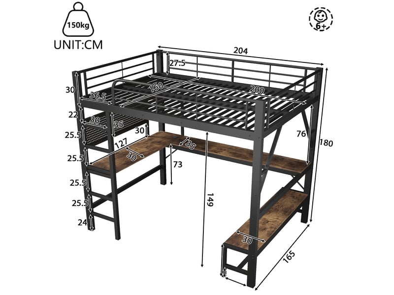  Lit mezzanine 160 x 200 cm – avec bureau -  barrières de sécurité et échelle – avec ports usb et type-c – avec éclairage led – noir (matelas non inclus)  - Conforama C