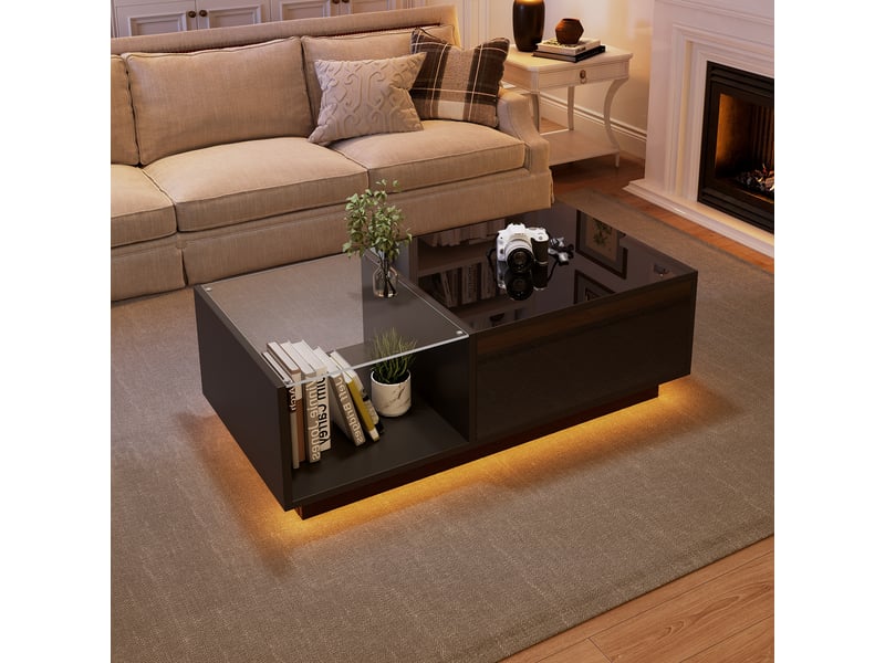  Table basse relevable noire avec led et rangement caché, 100x50x33 cm, panneaux de particules, finition brillante  - Conforama R