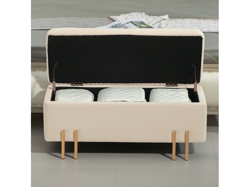  Banc coffre 100 x 40 x 42 cm beige en bois, assise en polyester et mousse, rangement pour salon ou chambre  - Conforama B