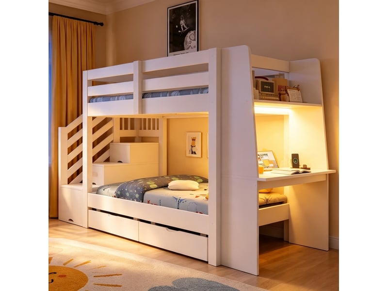  Lit superposé enfant 90x200 cm blanc avec bureau, escalier de rangement et tiroirs  - Conforama E