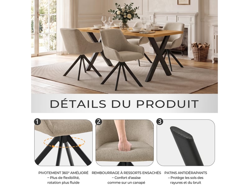  Ensemble table et 4 chaises - table rectangulaire 160x80 cm monobloc en chêne sauvage et pieds métal, 4 chaises en tissu greige et pieds métal  - Conforama R