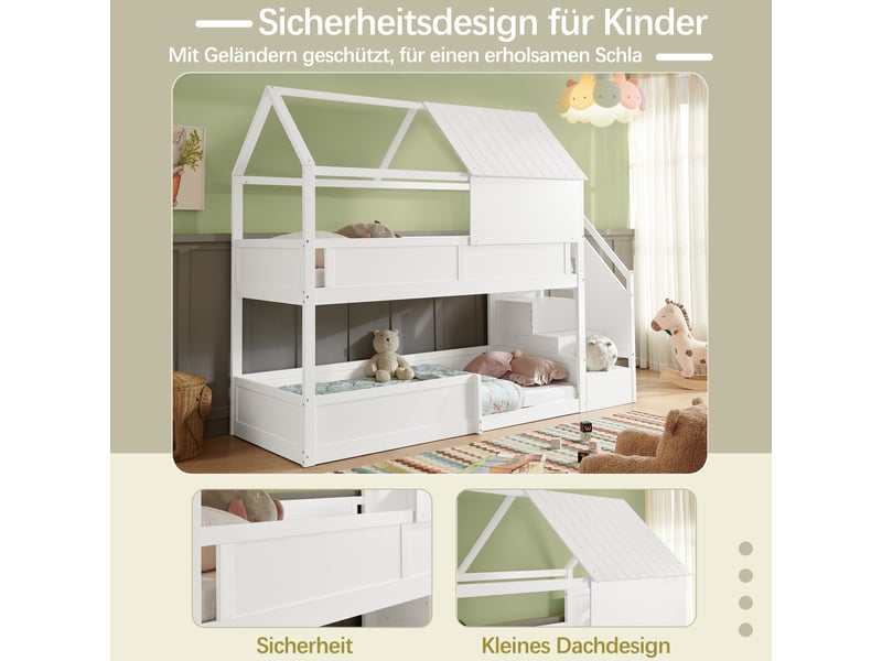  Lit superposé enfant 2 couchages 80×200 cm, barrière et escalier - okmyhome- bois massif blanc, sans matelas  - Conforama E