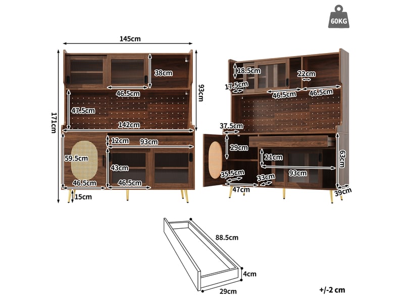  Buffet cuisine 145x39x171cm, led, meuble cuisine avec cinq portes, meuble salon, portes en verre cannelé, mdf, brun  - Conforama C