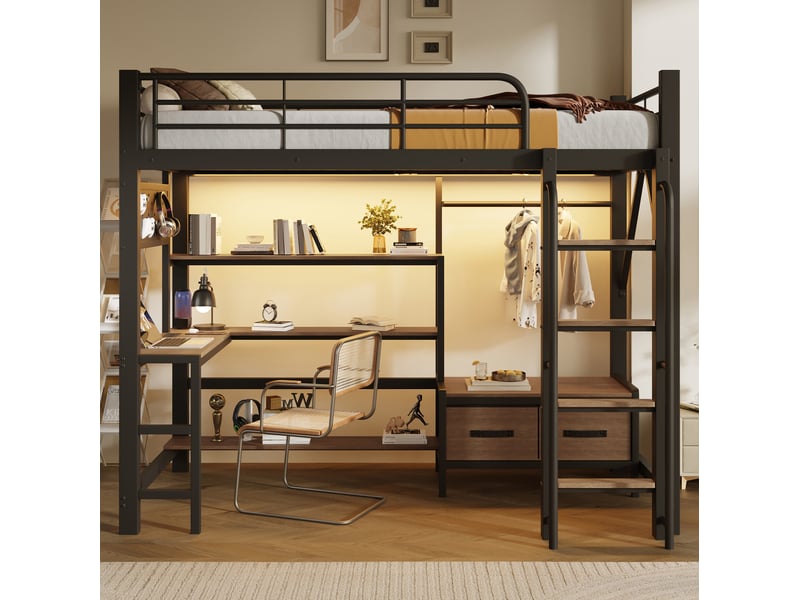  Lit mezzanine enfant 90x200 cm noir en métal et mdf, bureau, led et rangements, style industriel, sans matelas  - Conforama E
