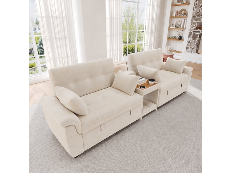Canapé convertible d'angle en u 284x138 cm, double couchage avec dossiers réglables, porte-gobelets, tissu chenille, beige OMNIGLINT TRADING LTD - Conforama B