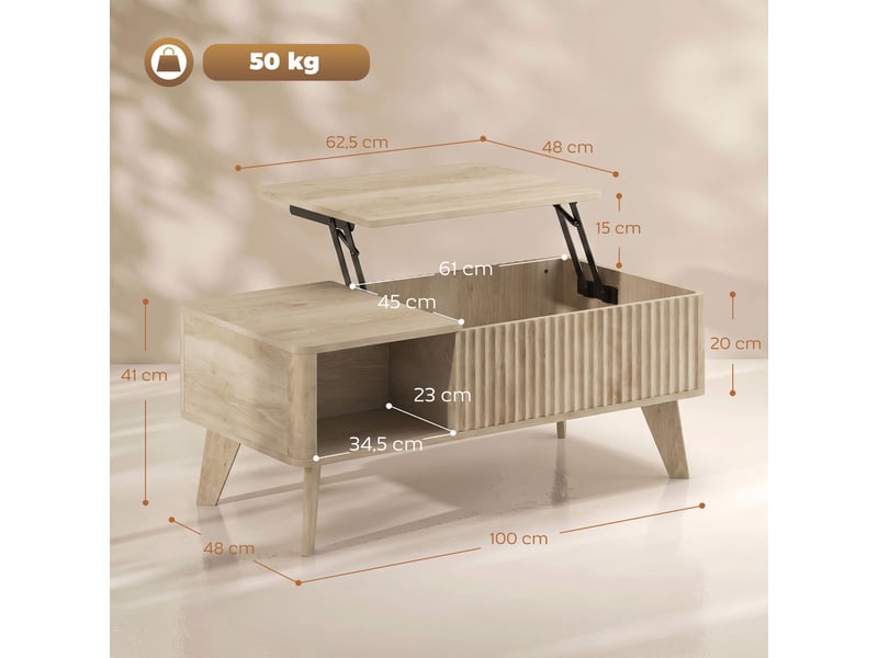  Table basse relevable, compartiment caché, 2 étagères ouvertes, coins arrondis, style mid-century, 100x48x41cm, chêne  - Conforama C