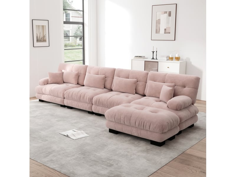  Canapé d’angle modulaire 406x145x81 cm 4 places avec ottoman mobile tissu rose  - Conforama C