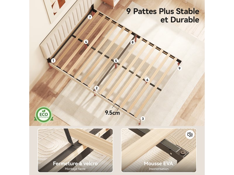  Lit 140 x 190 avec sommier,cadre de lit en métal robuste et durable, lattes en bois,lin beige  - Conforama C