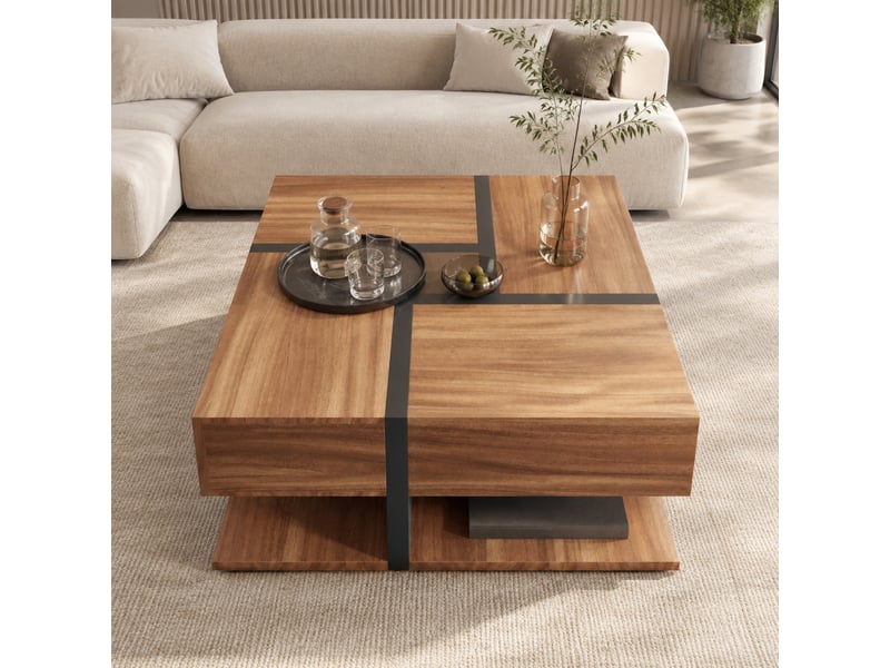  Table basse carrée avec 4 tiroirs et étagère basse – noir et décor bois – 78 x 78 x 36 cm  - Conforama B