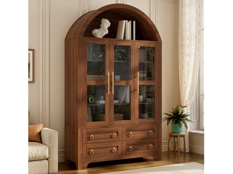  Vitrine haut 110x40x185 cm coloris noyer avec 3 portes vitrées et 4 tiroirs  - Conforama E