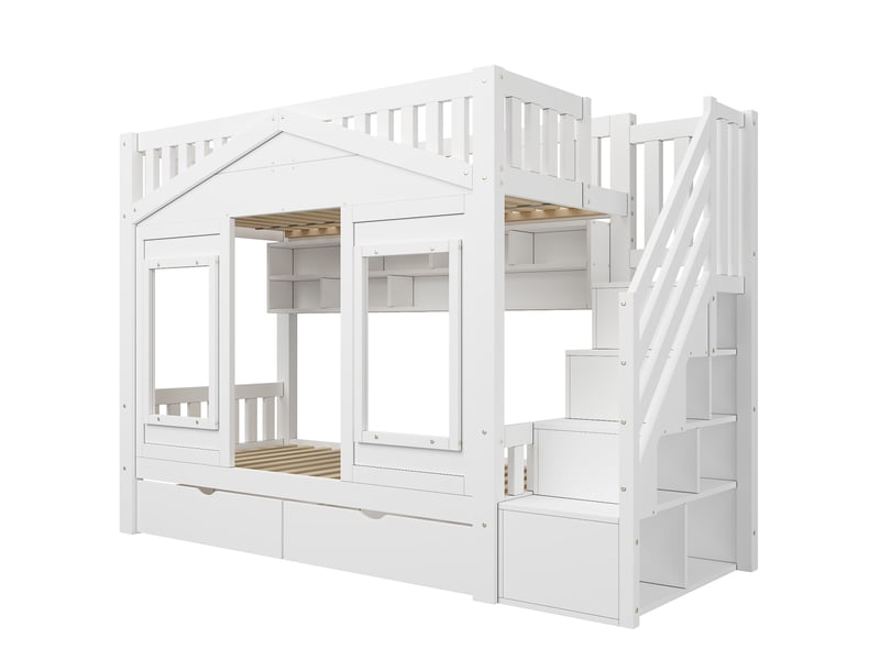 Lit superposé enfant 90x200 en pin, structure maison avec échelle de stockage et barrière - Conforama R