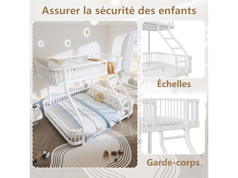  Lit superposé 90x200 cm et 140x200 cm en fer avec barrières de sécurité, échelle et certification en747, blanc.  - Conforama D