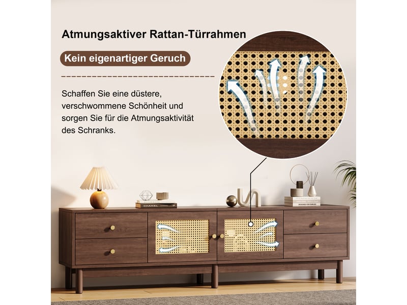  Meuble tv contemporain 180 cm bois foncé et rotin, 2 portes, 4 tiroirs, gestion des câbles, charnières hydrauliques  - Conforama E