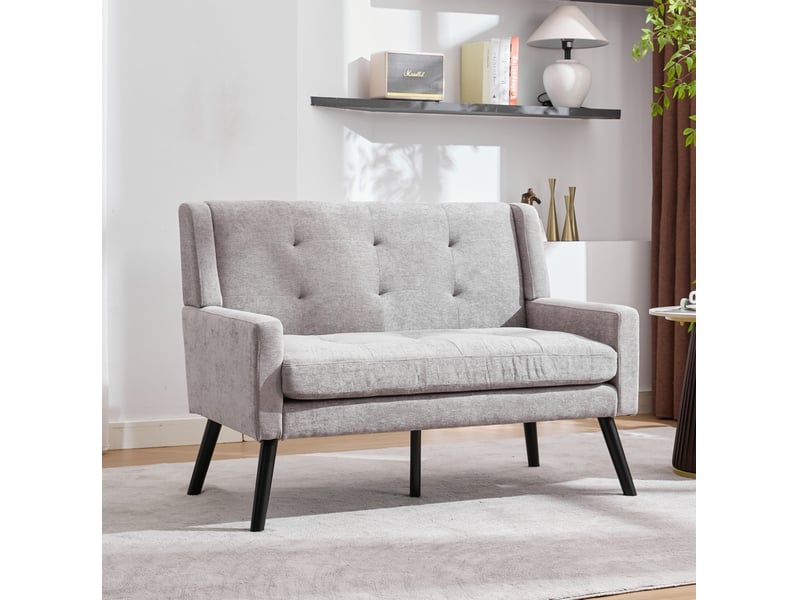  Canapé droit 2 places 119x75x88 cm, coussin haute densité, pieds en bois, pour salon, chambre, bureau, tissu gris clair  - Conforama B