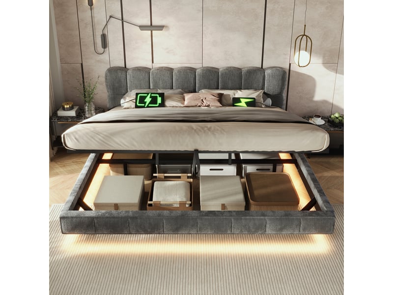 Lit coffre bubble en chenille gris 180x200 cm avec led, usb et type-c Fay Lum - Conforama B